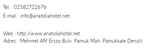 Pamukkale Anatolia Hotel telefon numaralar, faks, e-mail, posta adresi ve iletiim bilgileri